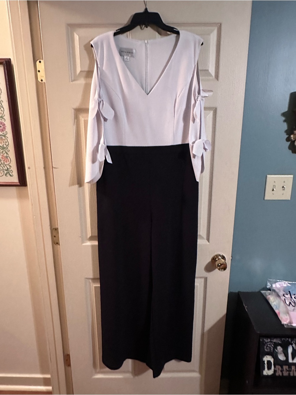 Donna Morgan White Top Black Wide-Leg Jumpsuit with Tie Sleeve Detail